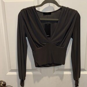 21 Saints Charcoal V-neck Long Sleeve Blouse